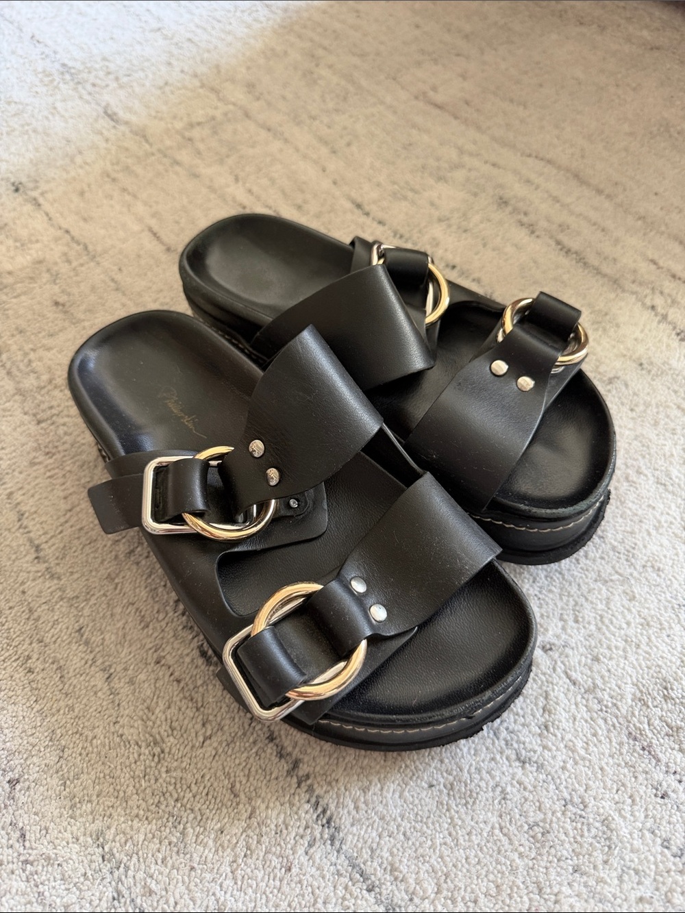 3.1 Philip Lim Black Leather Dual-Buckle Slide Sandals